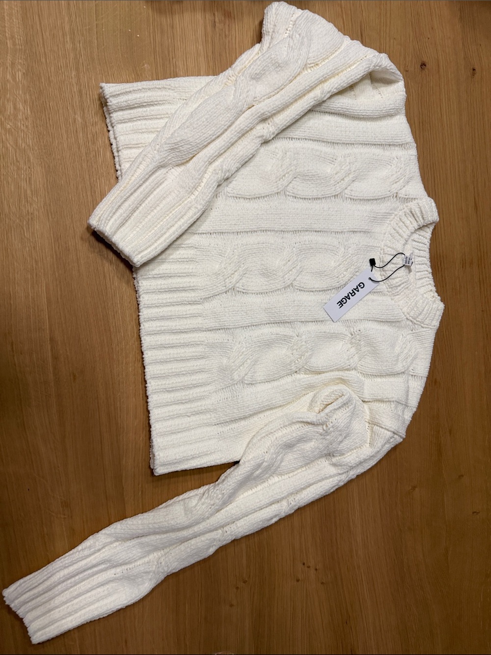 Garage Cream Cable-Knit Crewneck Sweater